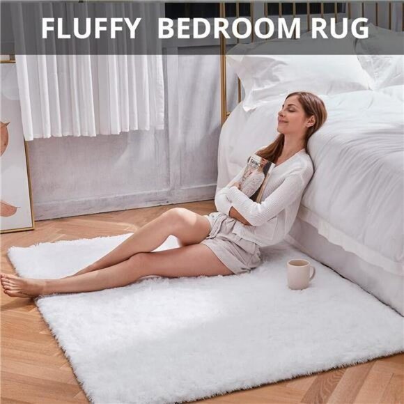 Ophanie White Fluffy Shag Area Rug 4x6 Soft Plush Bedroom Dorm Nursery Carpet - Picture 5 of 7